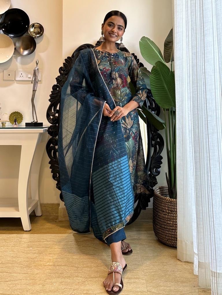 Blue Floral Muslin Straight Set