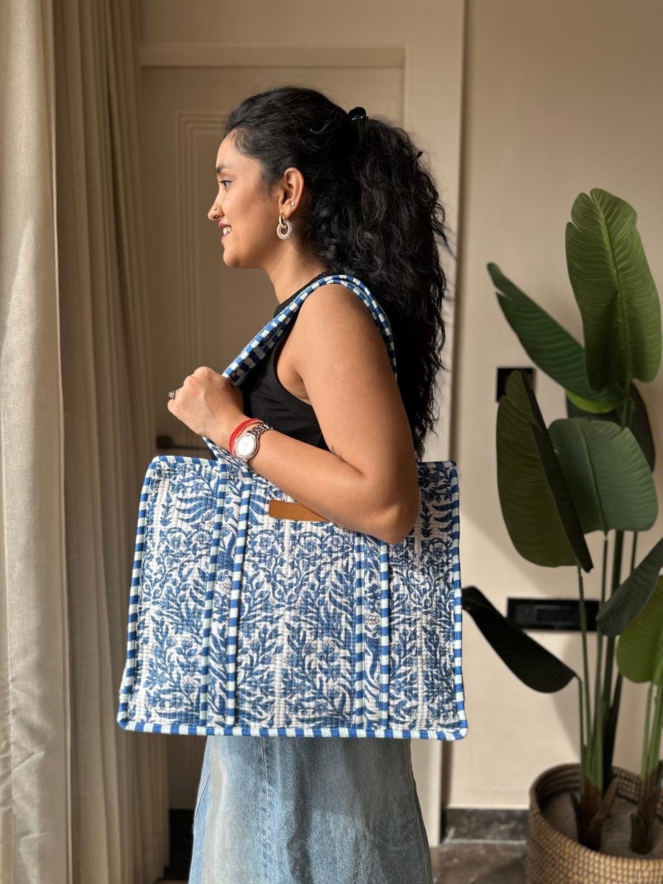 Quilted Tote Bag- Indigo Jaal