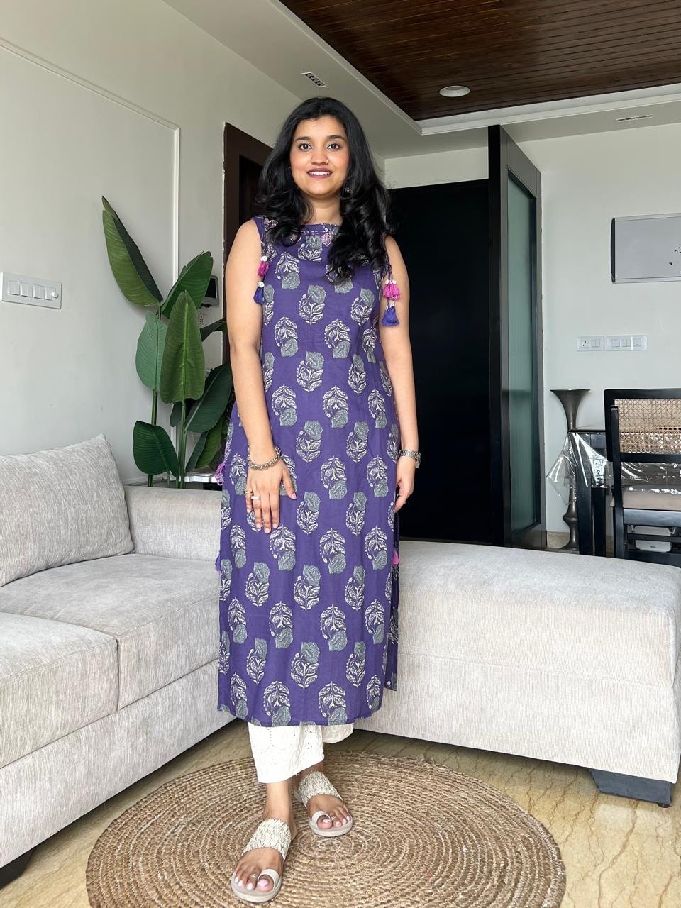 Roshni Sleeveless Cotton Tassel Kurta- Purple Boota