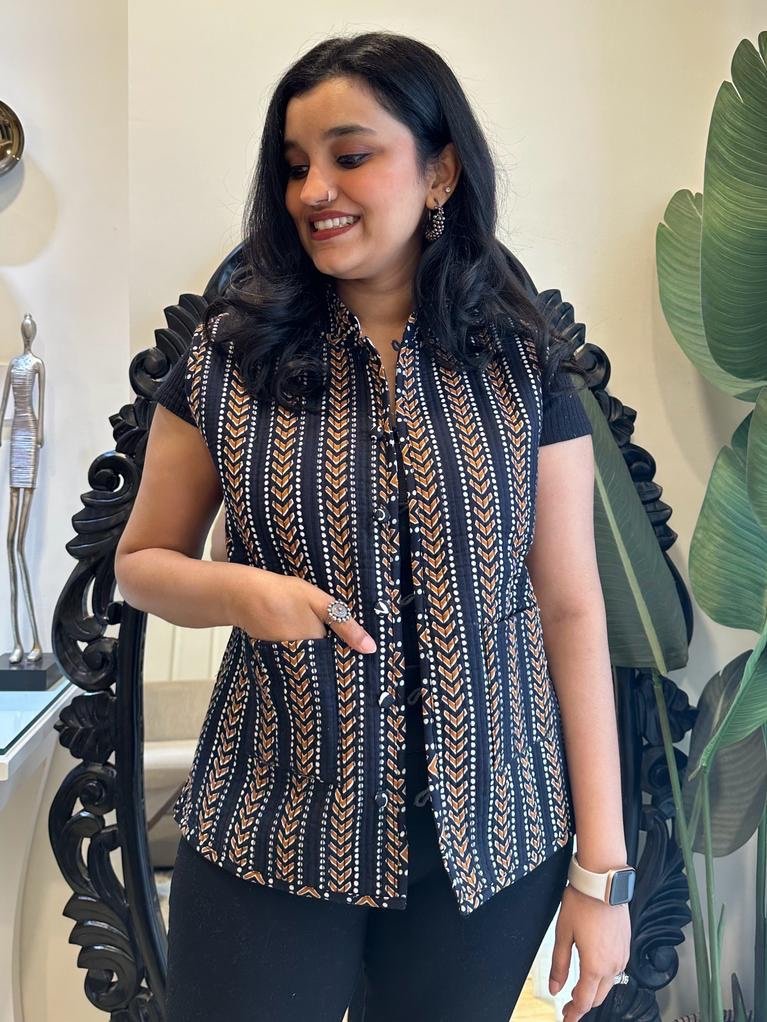 Reversible Quilted Sleeveless Jacket- Black Floral Jaal