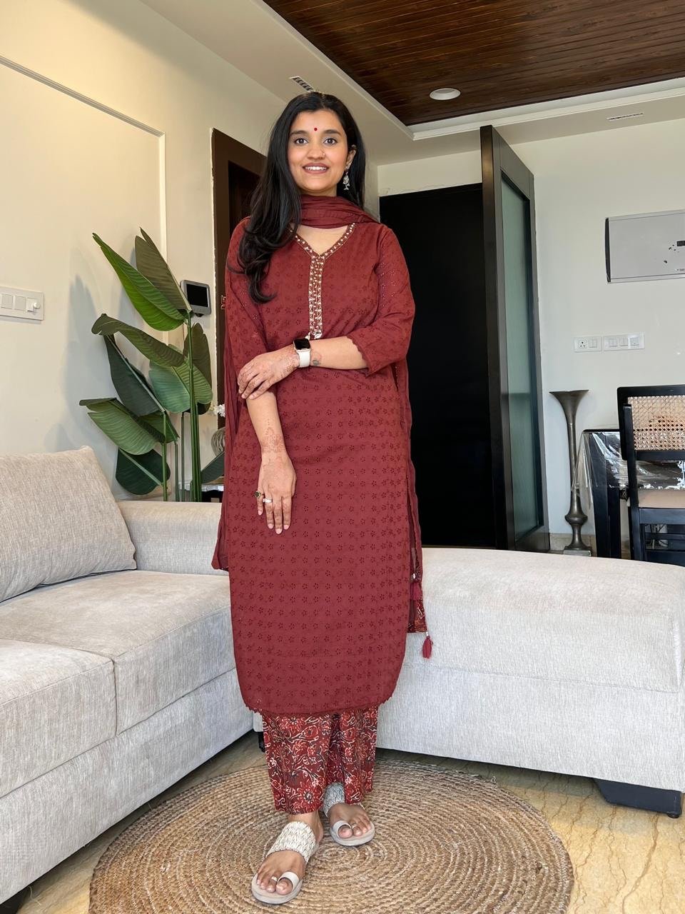 Manan Luxe Schiffli Cotton Set- Rust