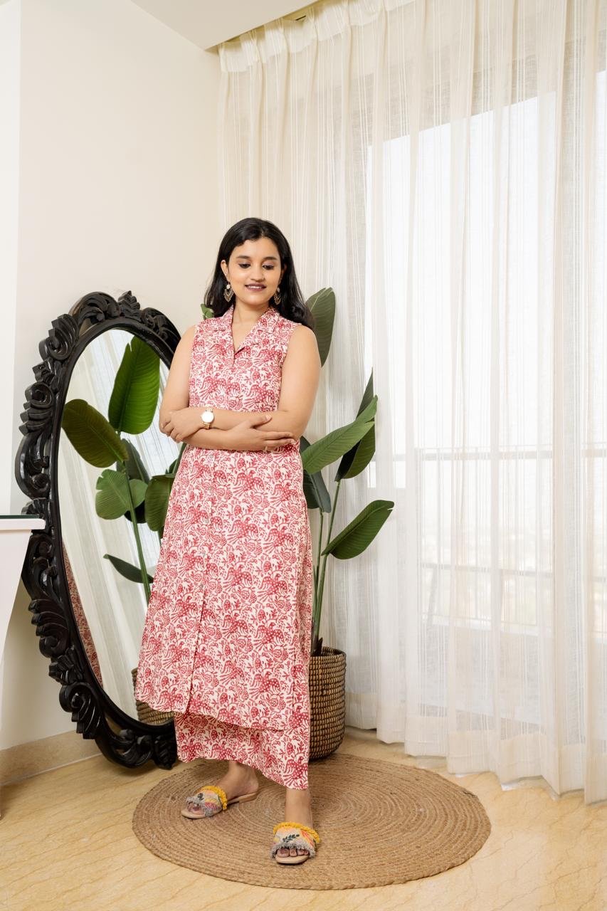 Sleeveless Coord Set- White Pink Jaal