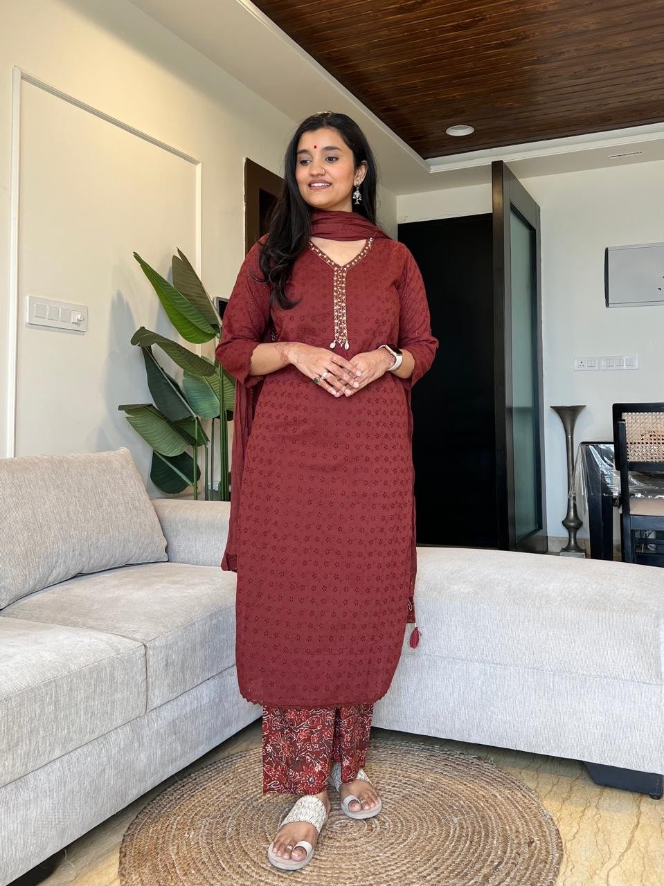 Manan Luxe Schiffli Cotton Set- Rust