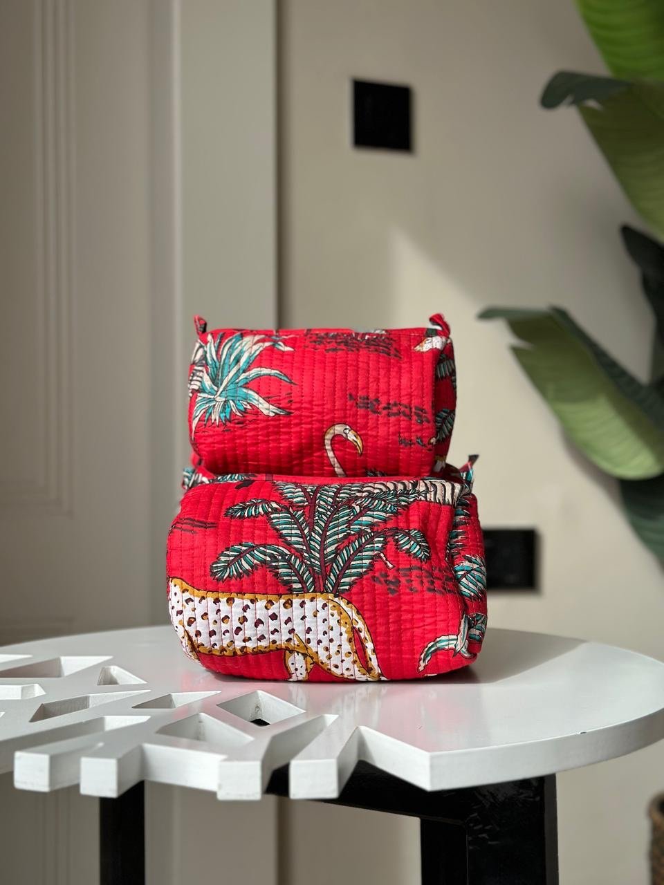 Quilted Toiletry Bags- Red Jungle