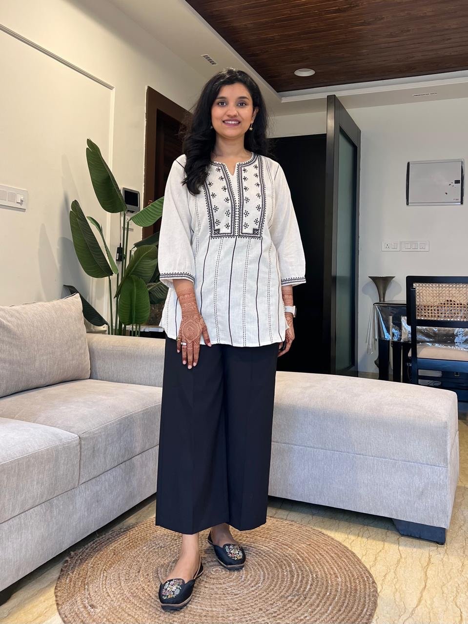 Suri Off White Top- Black Threadwork