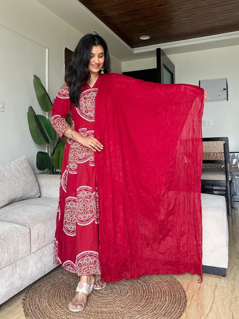 Raga Crushed Dupatta Anarkali Set- Red