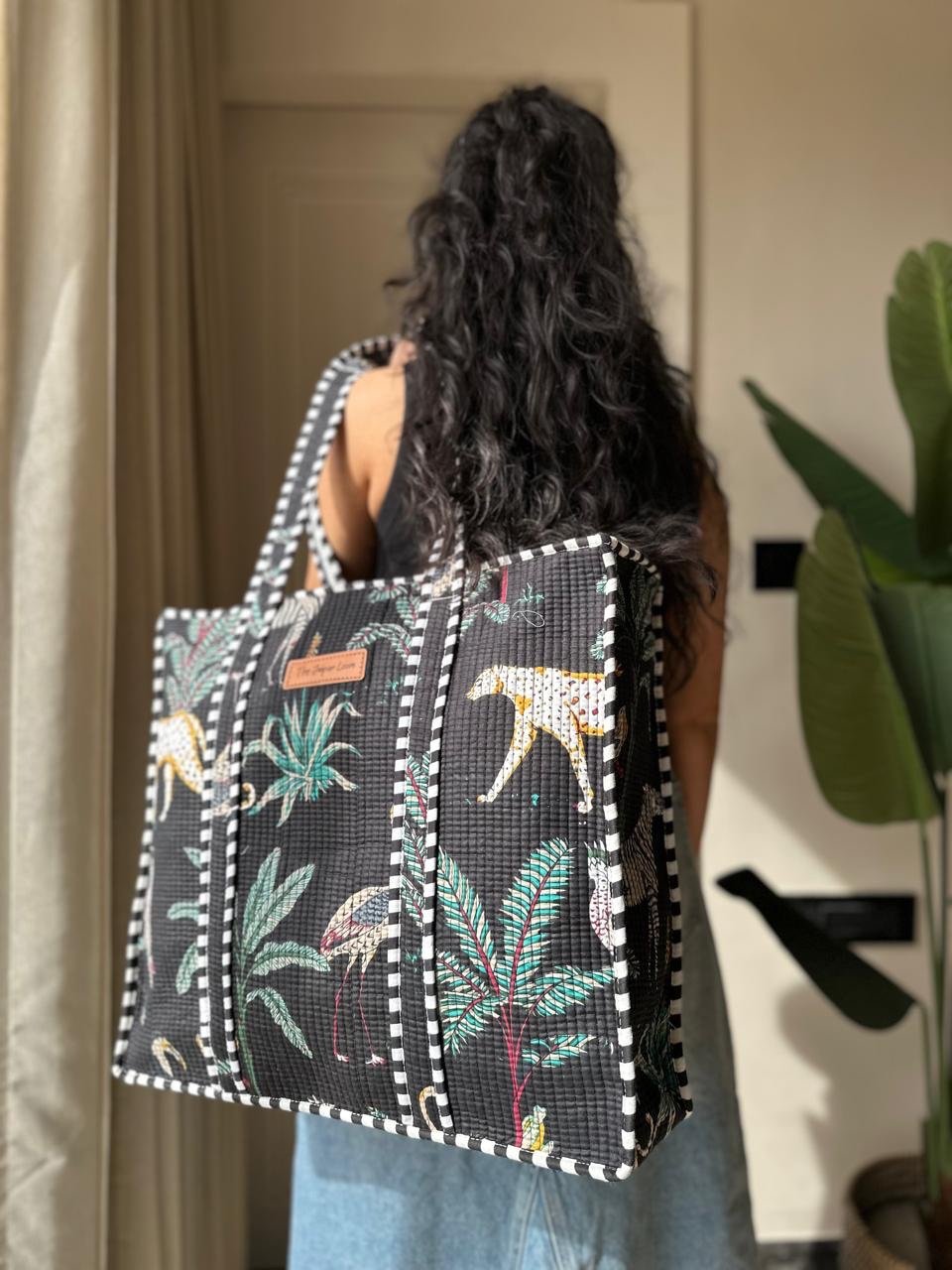 Quilted Tote Bag- Black Jungle