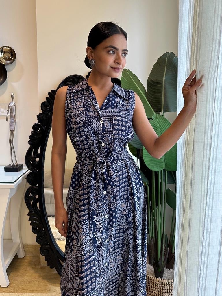 Navy Mix Dress With Pocket