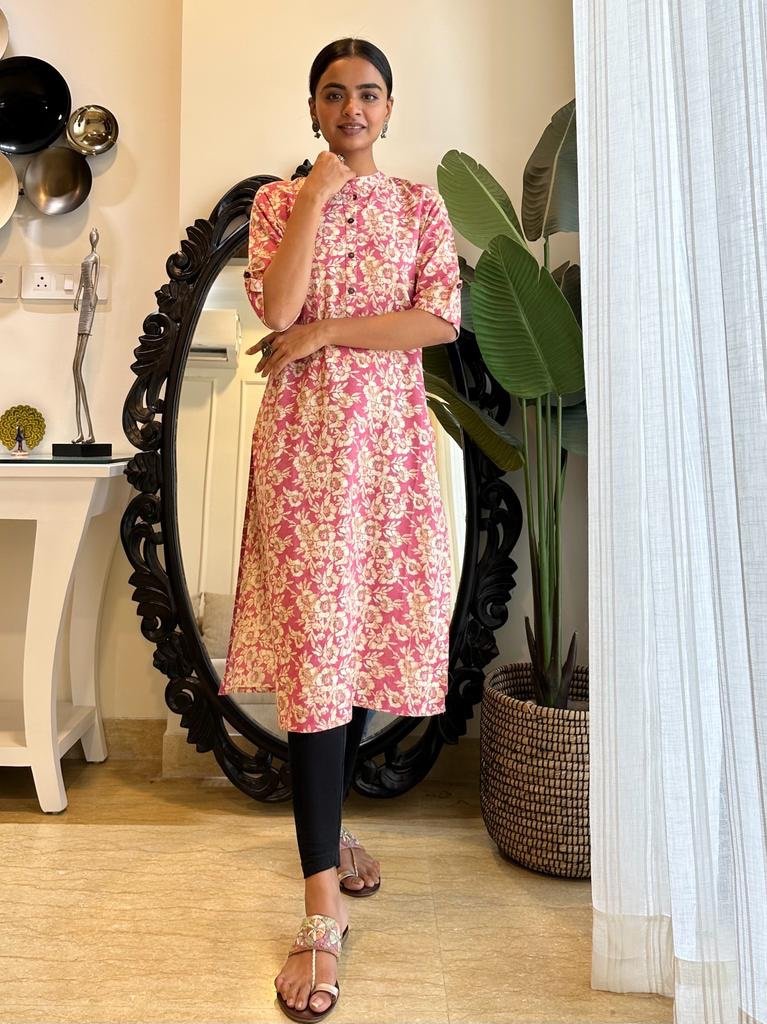 Weekend Rayon Kurta- Pink Cream Floral