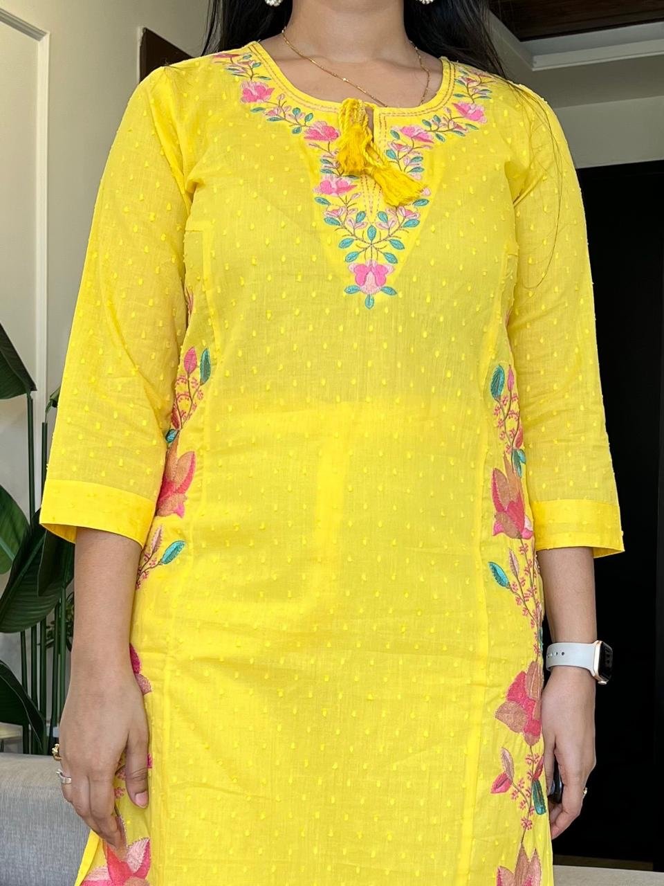 Sosha Embroidered Cotton Suit- Yellow