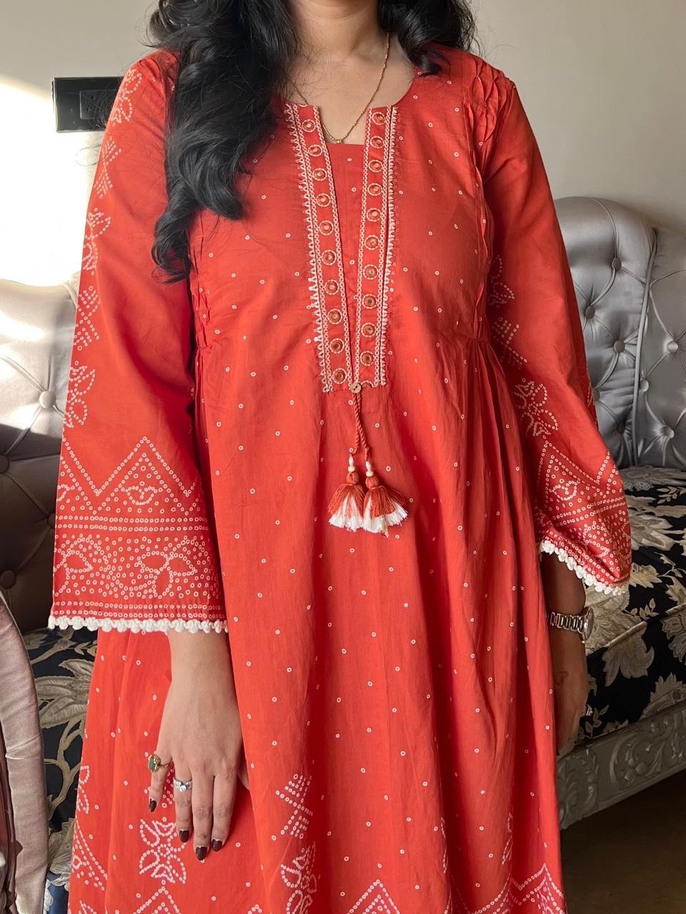 Ramaya Bandhej Flared Set- Orange