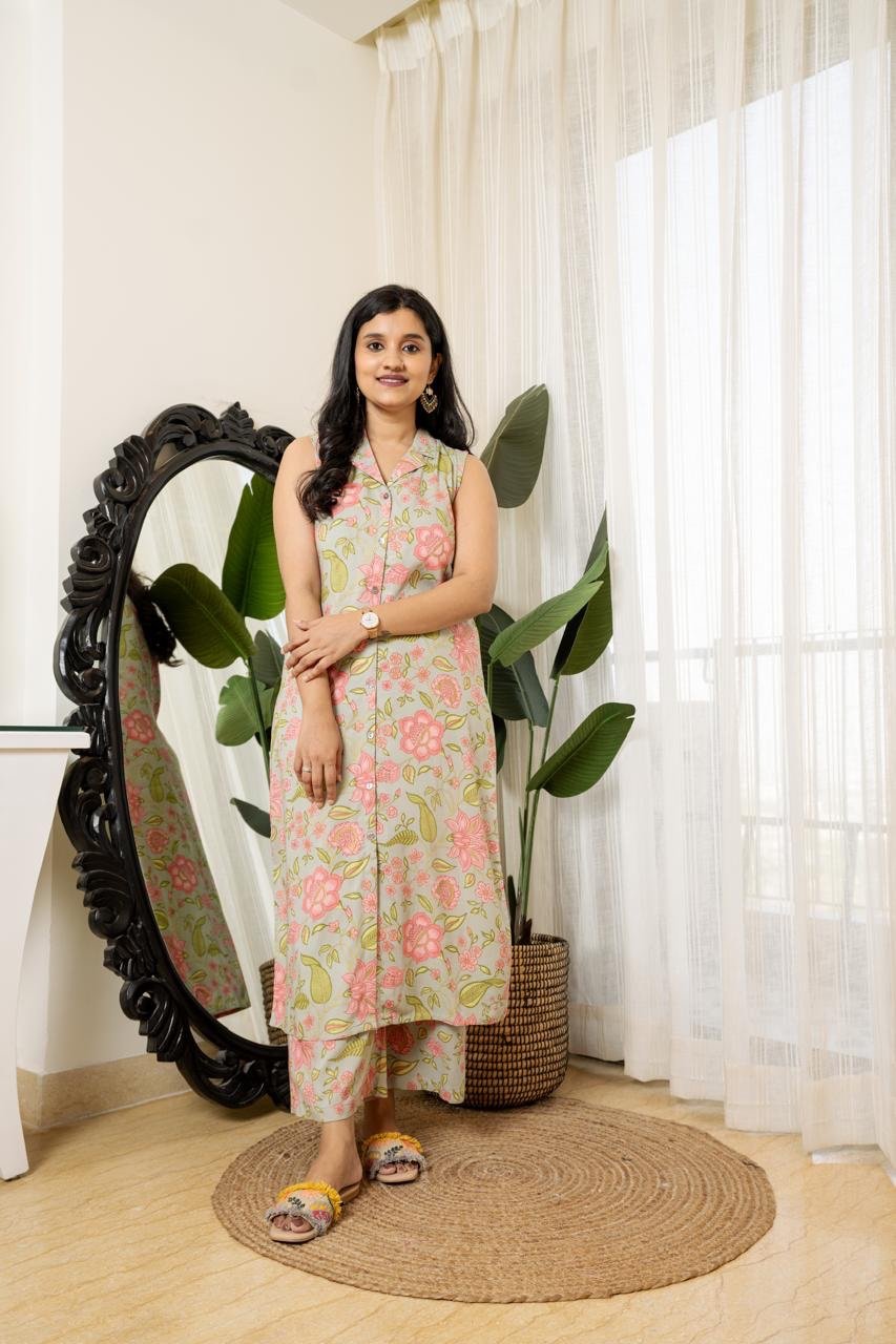 Sleeveless Coord Set- Pastel Green Florals