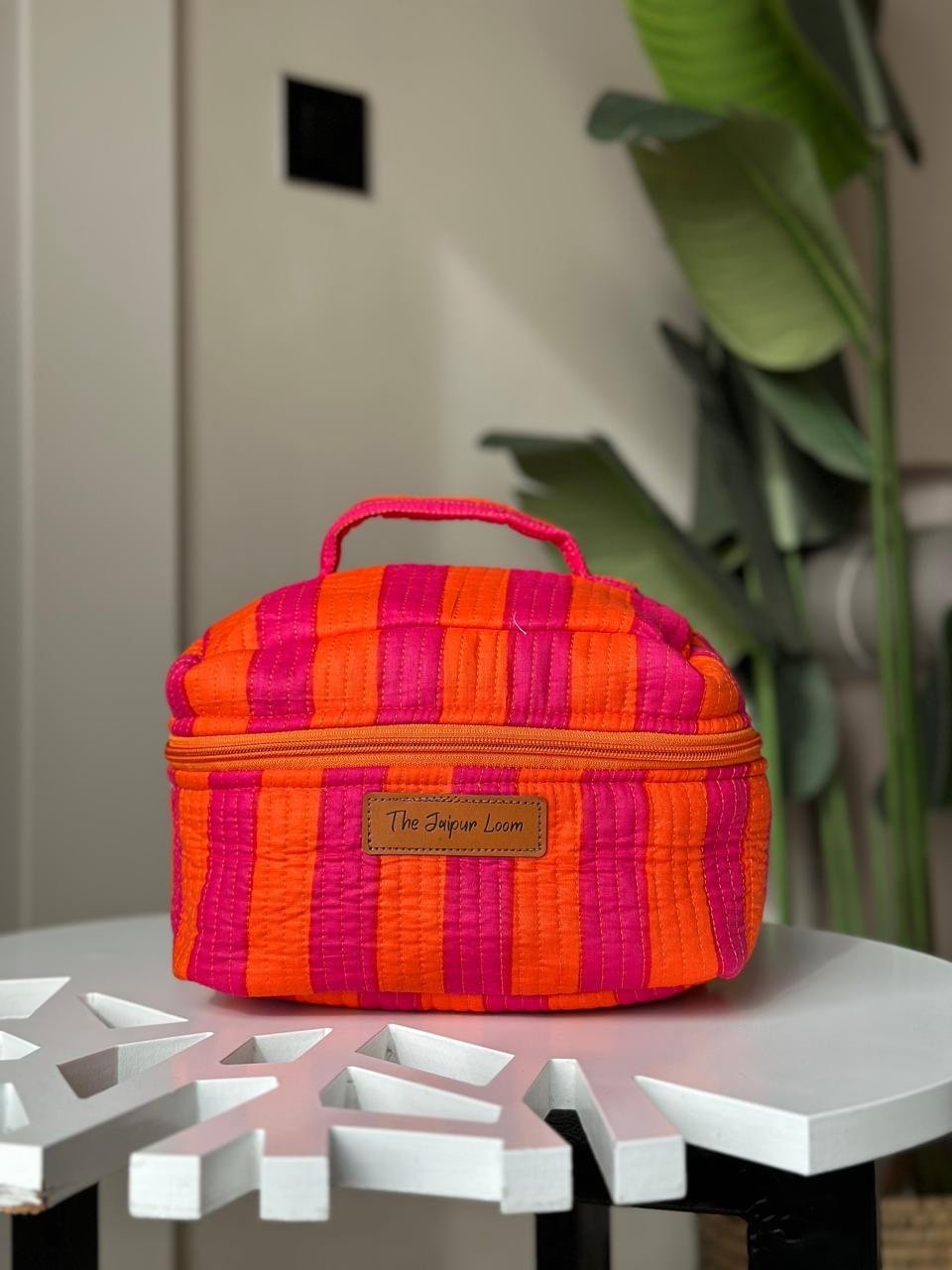 Quilted Vanity Bag- Pink Orange Stripes