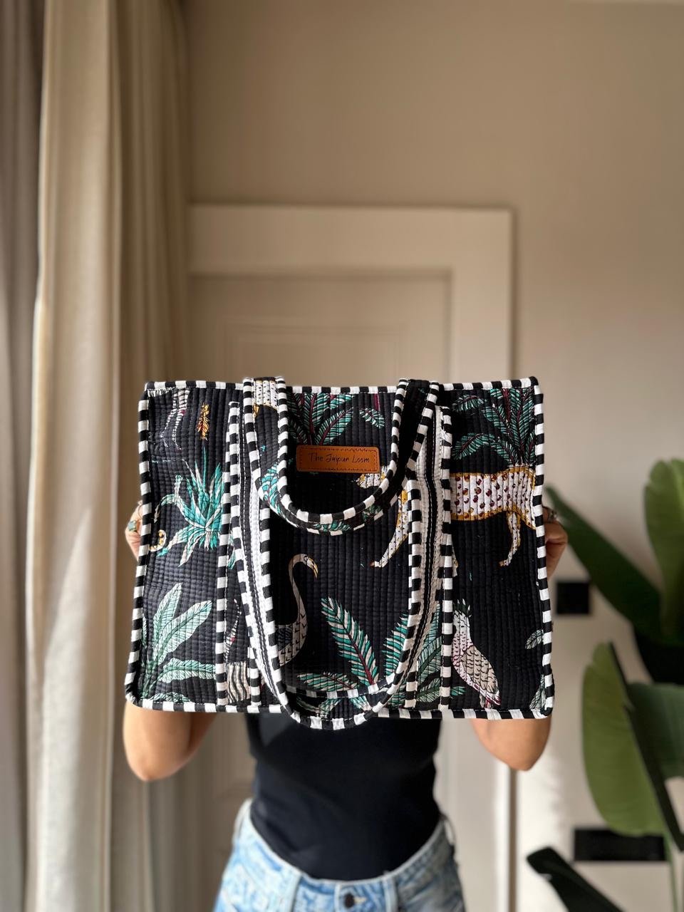 Quilted Tote Bag- Black Jungle