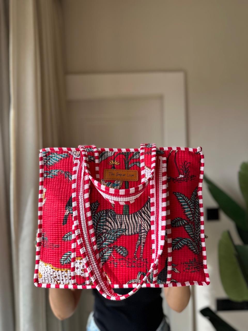 Quilted Tote Bag- Red Jungle