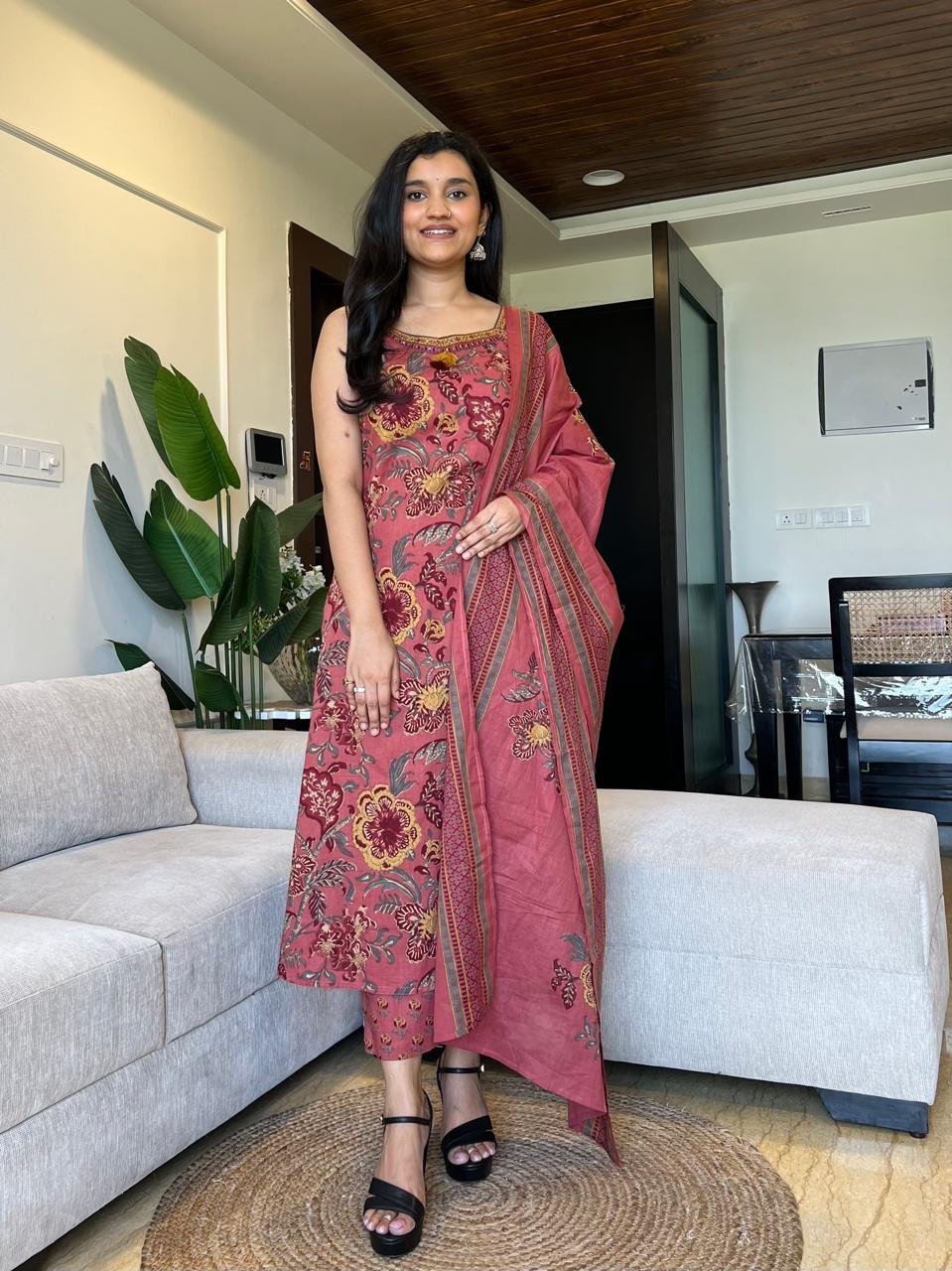 Sharna Block Print Cotton Suit- Pink