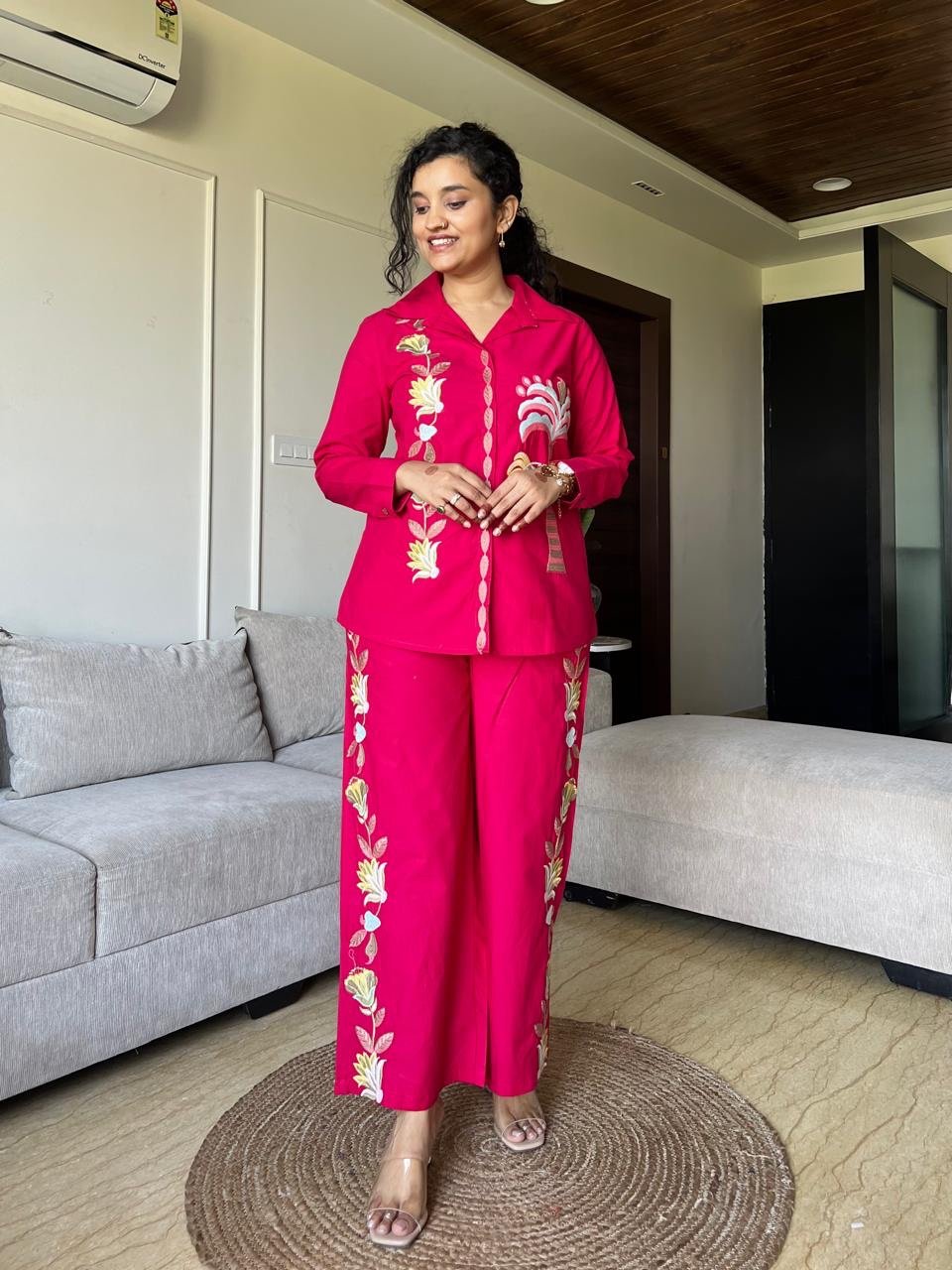 Gia Embroidered Coord Set- Dark Pink