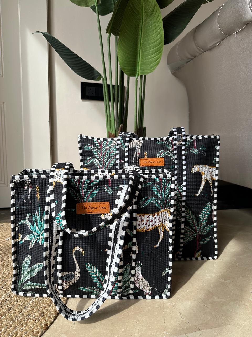 Quilted Tote Bag- Black Jungle