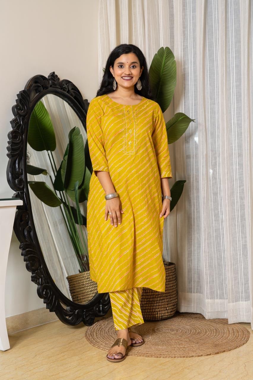 Budget Leheriya Cotton Suit- Yellow Ochre