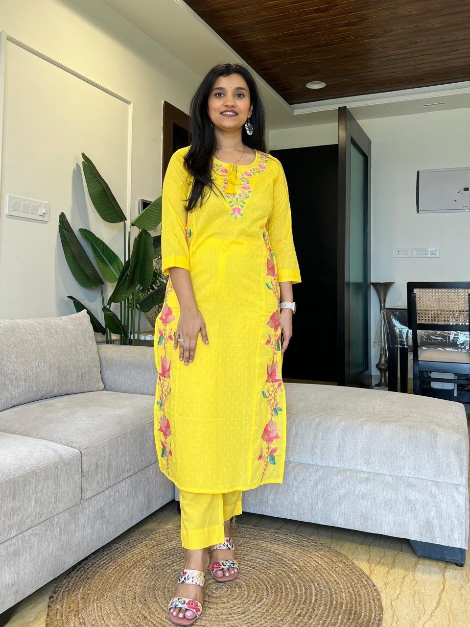 Sosha Embroidered Cotton Suit- Yellow