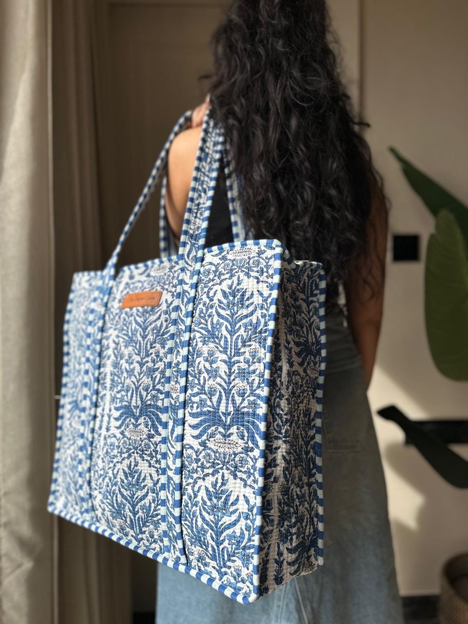 Quilted Tote Bag- Indigo Jaal