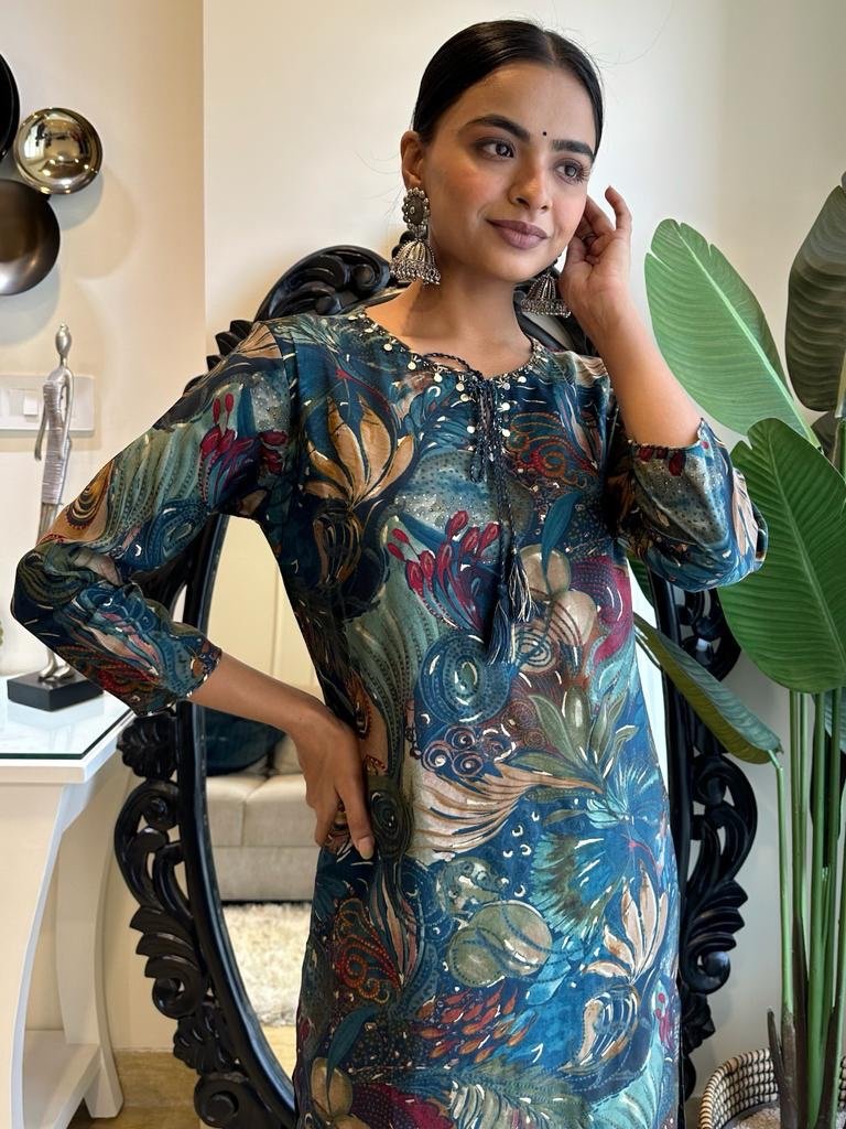 Blue Floral Muslin Straight Set