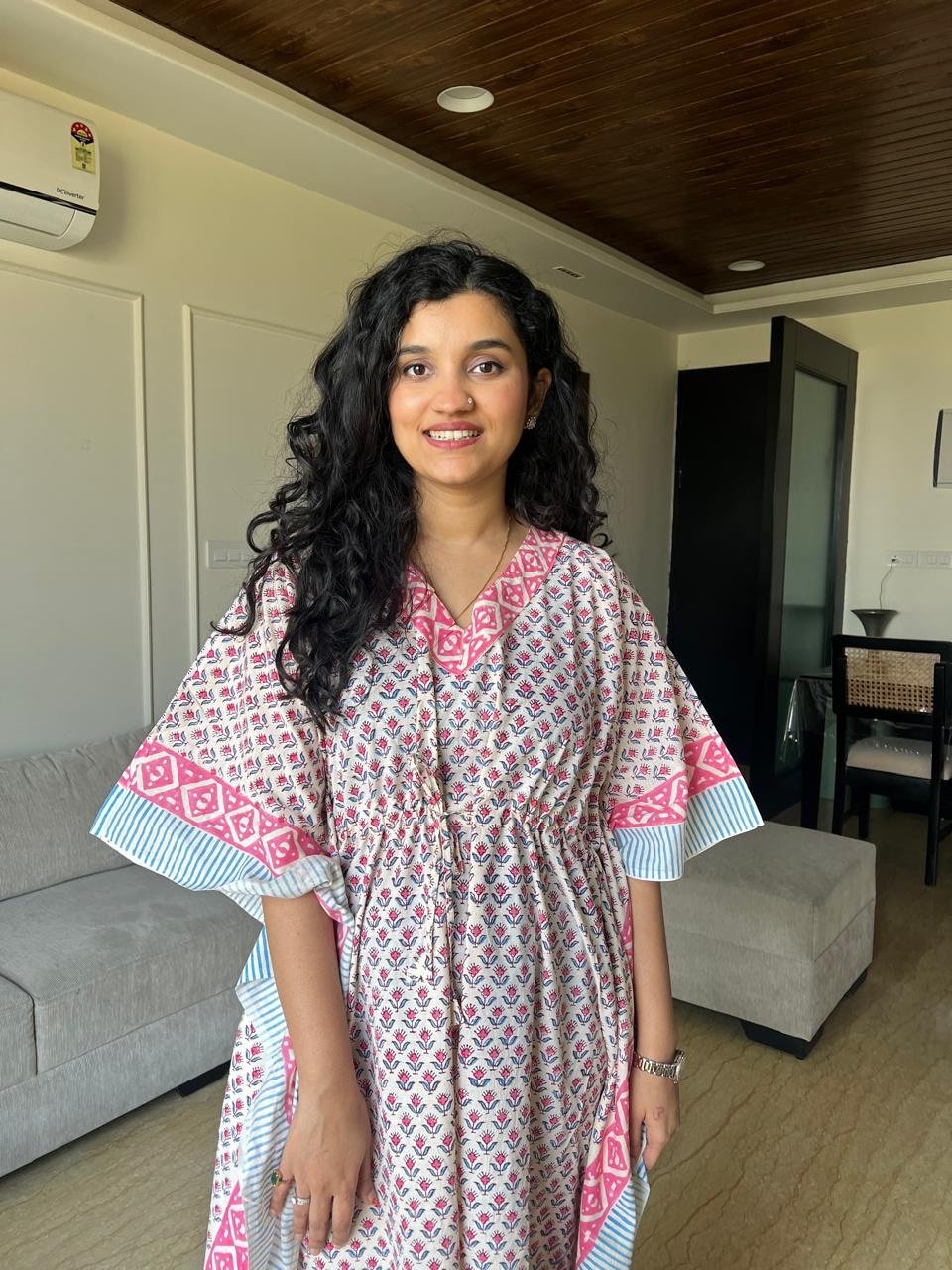 Zura Block Print Kaftan- Pastel Booti