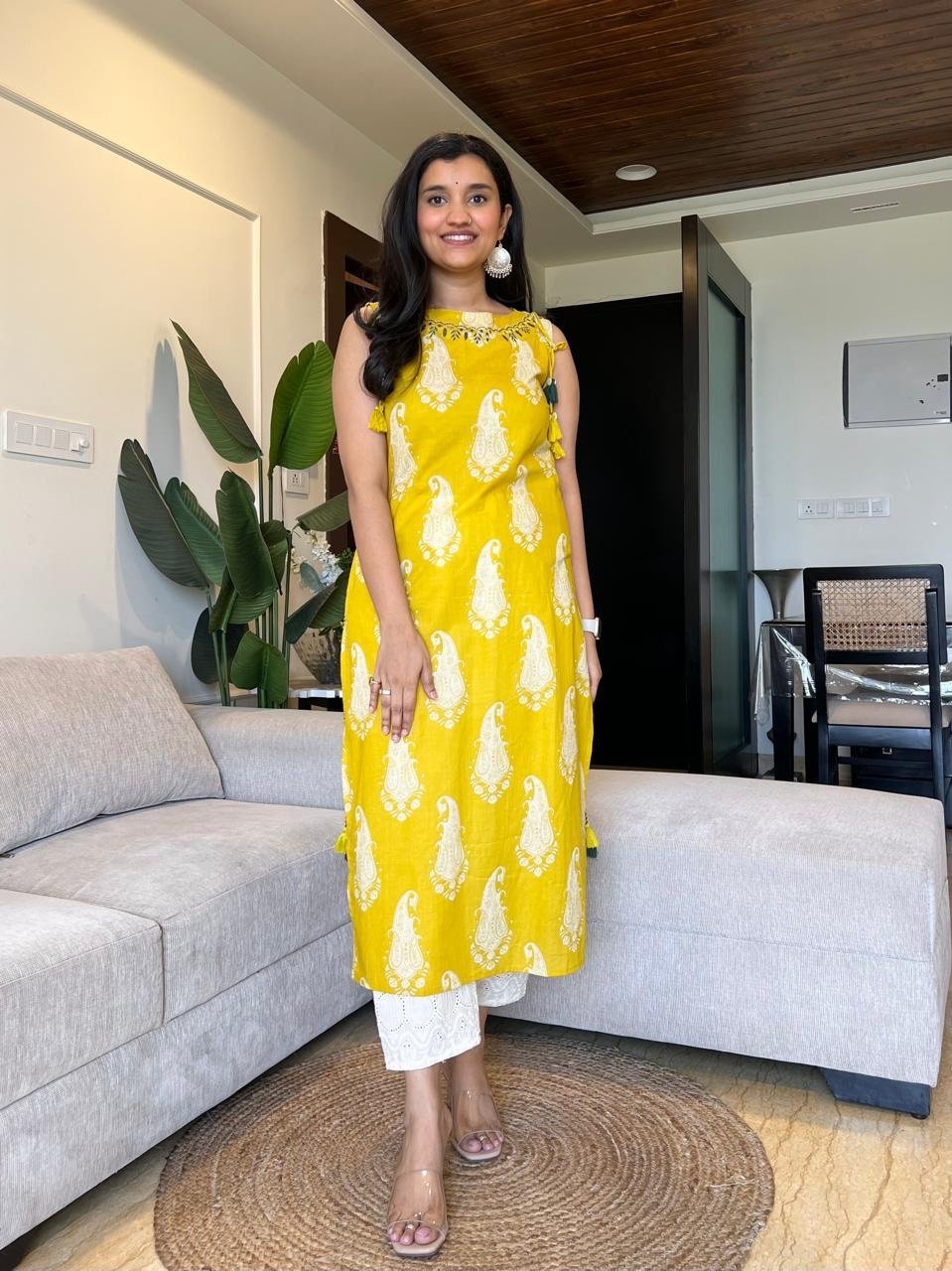 Roshni Sleeveless Cotton Tassel Kurta- Yellow