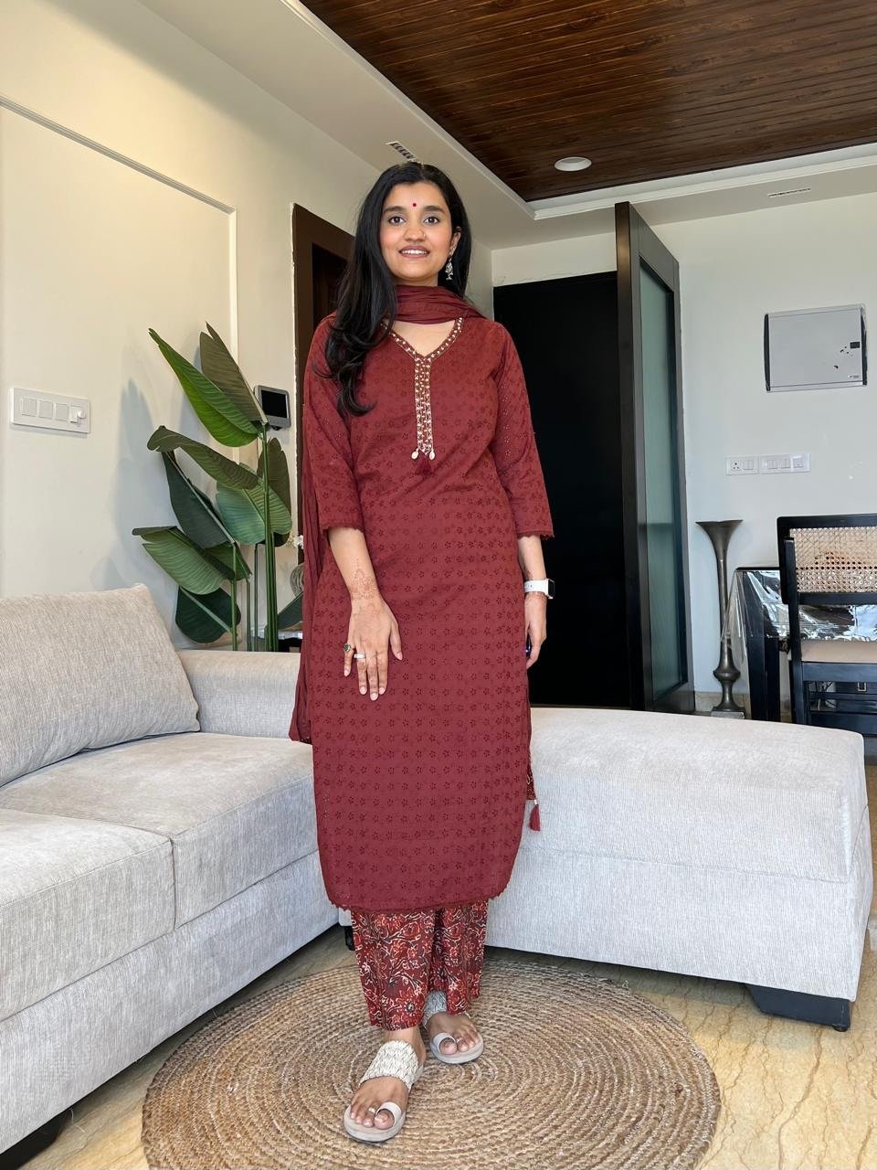 Manan Luxe Schiffli Cotton Set- Rust
