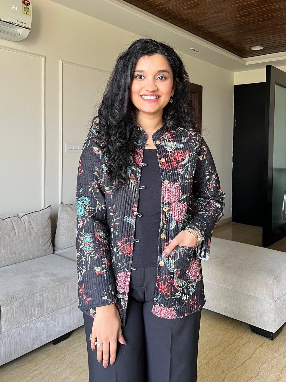 Reversible Quilted Jacket- Black Colorful Florals