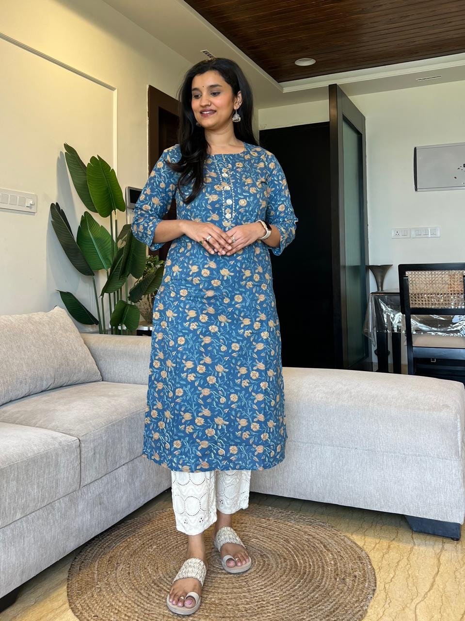 Gota Cotton Kurta- Blue Jaal