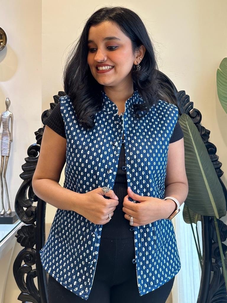 Reversible Quilted Sleeveless Jacket- Indigo