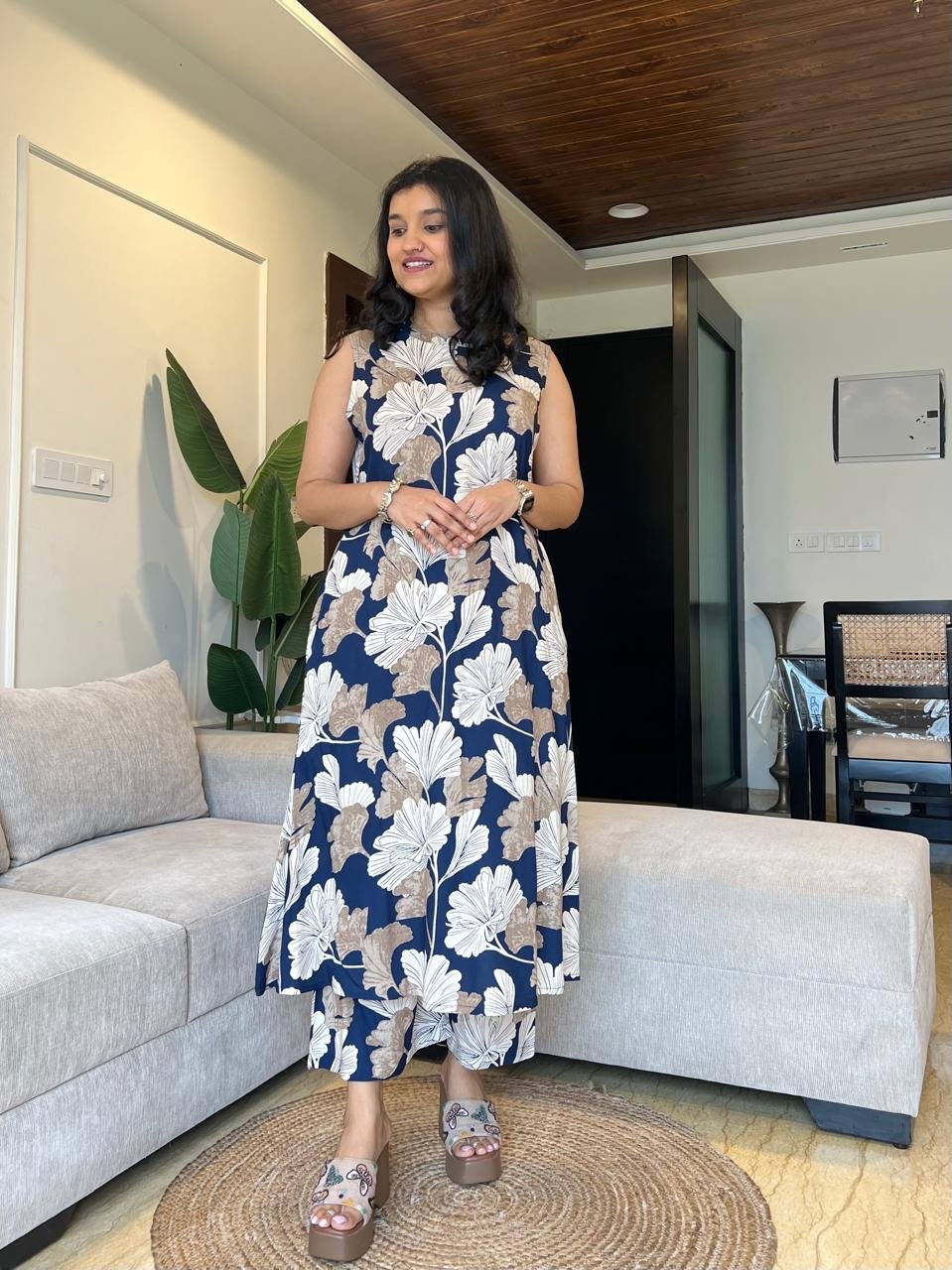 Jasmine Closed Neck Coord Set- Navy Blooms
