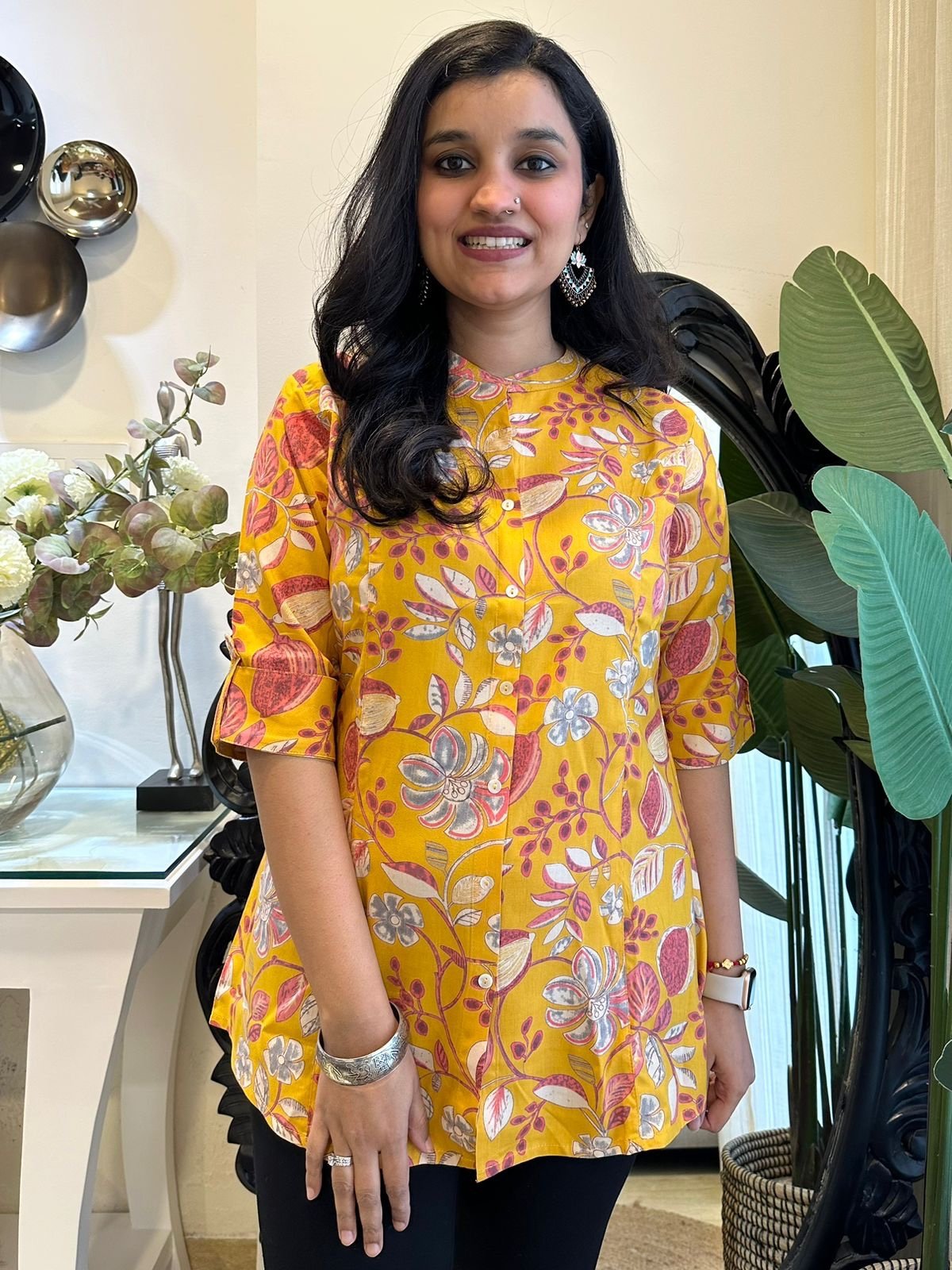 Rayon short kurta- Bright Yellow Florals