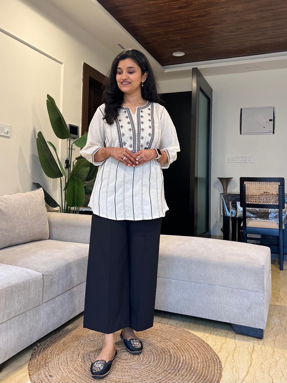Suri Off White Top- Black Threadwork