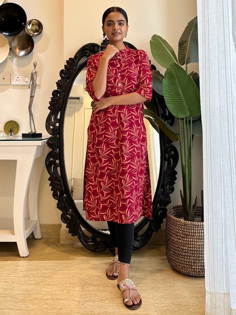 Weekend Rayon Kurta- Red Leaves