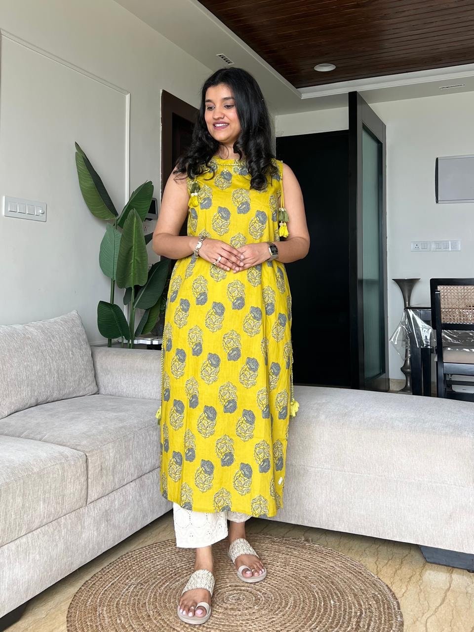 Roshni Sleeveless Cotton Tassel Kurta- Mustard