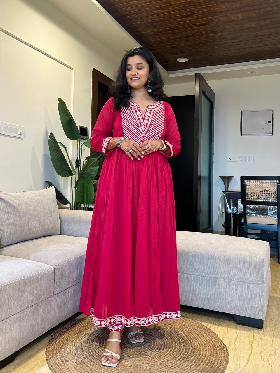 Shayla Embroidered Mulmul Anarkali Set- Dark Pink
