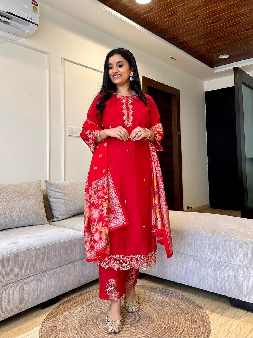 Simran Cutwork Chanderi Set- Red