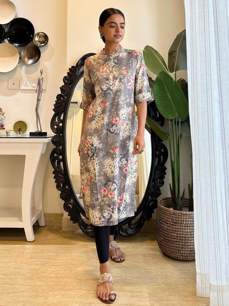 Weekend Rayon Kurta- Grey Floral