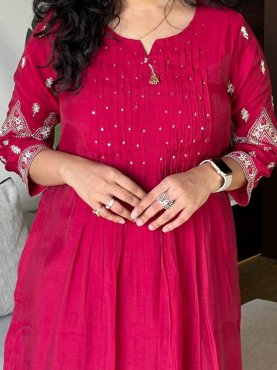 Sajda Mul Chanderi Luxe Set- Pinkish Red