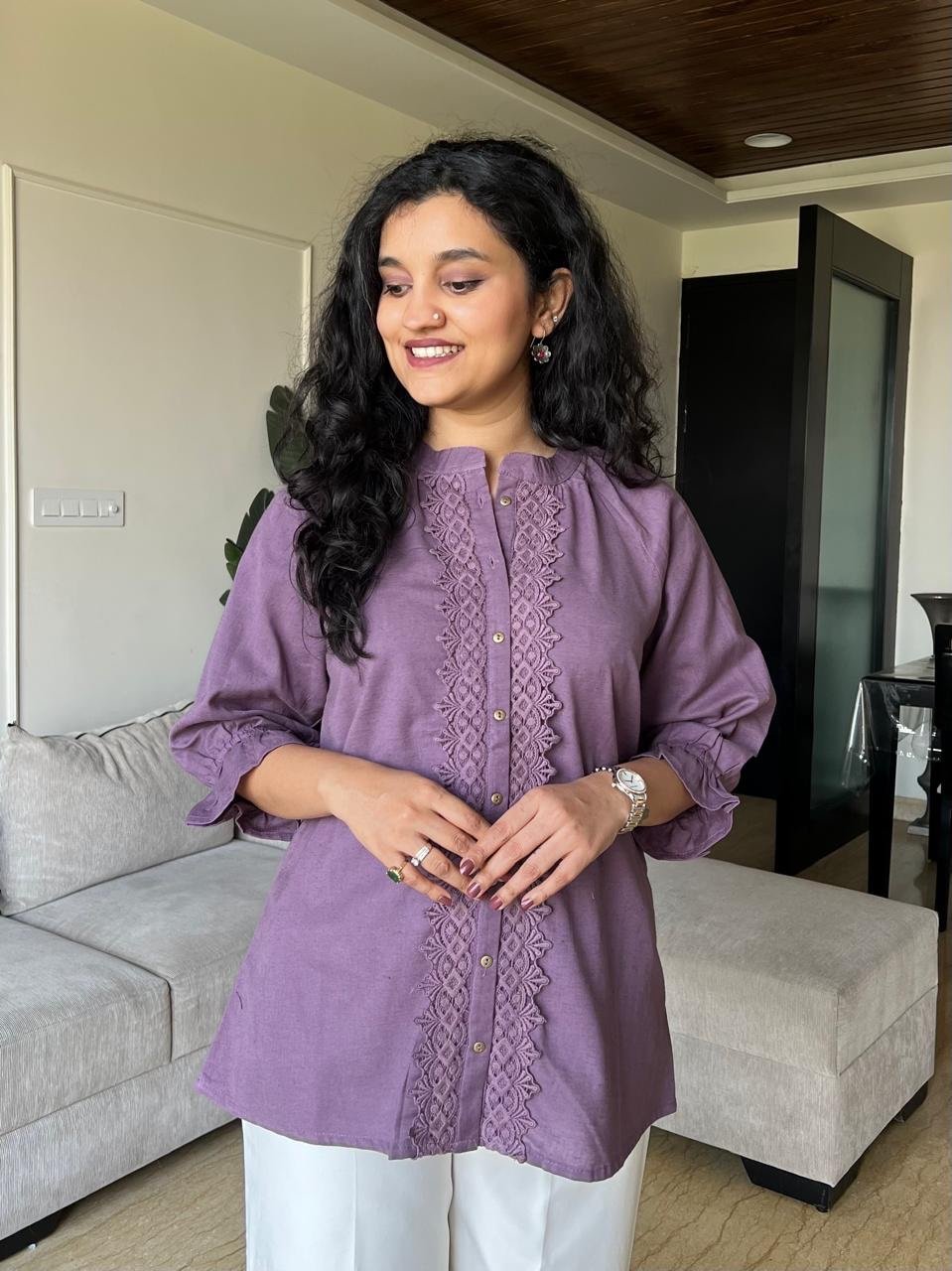 Tisha Cotton Embroidered Top- Purple