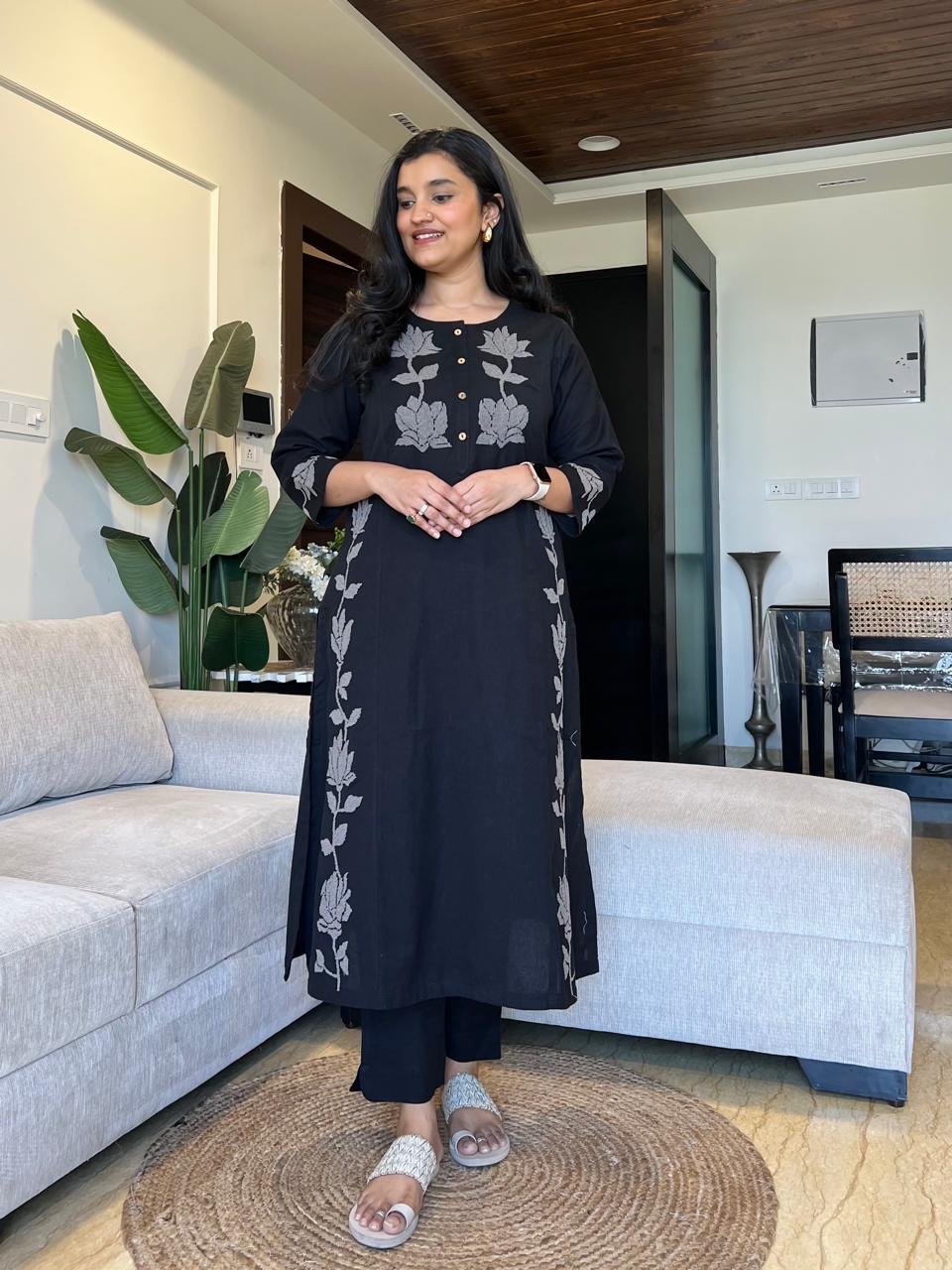 Gul Embroidered Cotton Pant Set- Black