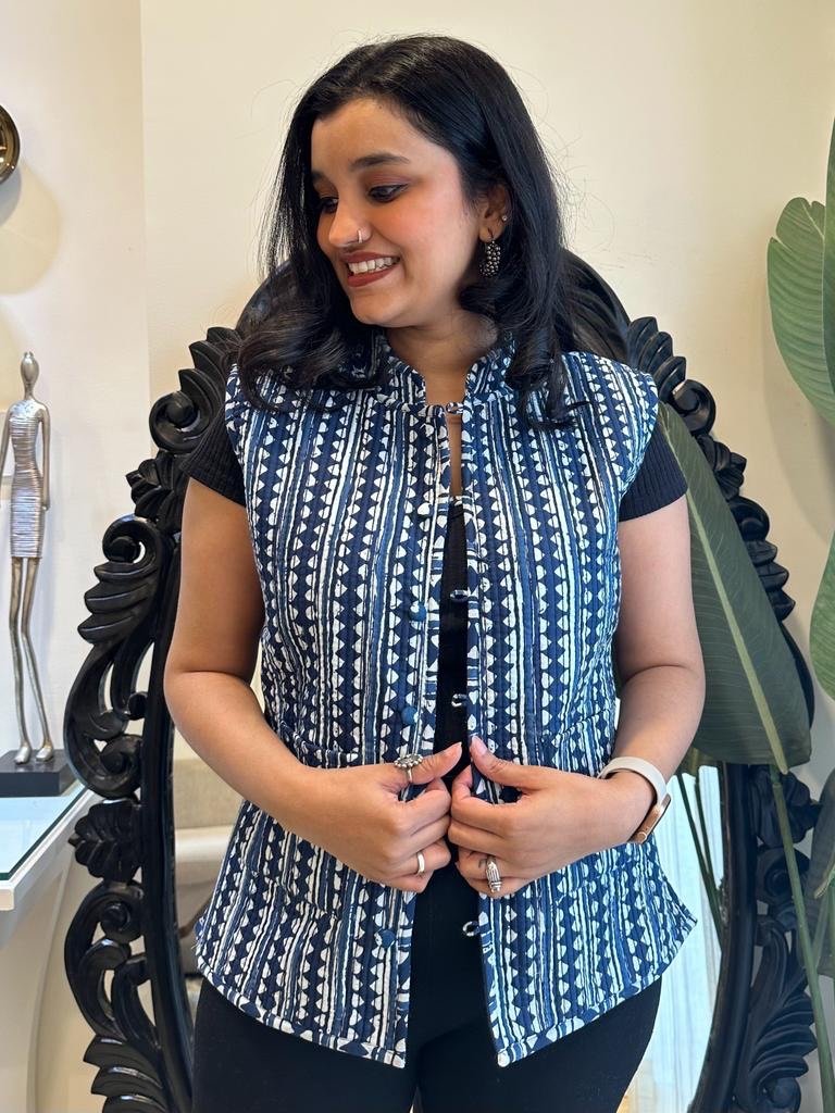 Reversible Quilted Sleeveless Jacket- Indigo Boota