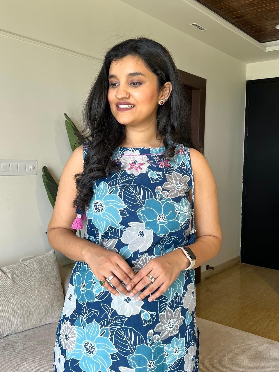 Roshni Sleeveless Cotton Tassel Kurta- Blue Florals