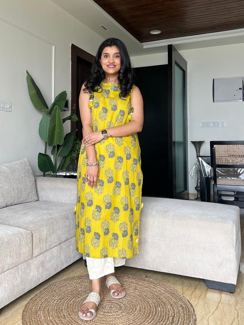 Roshni Sleeveless Cotton Tassel Kurta- Mustard