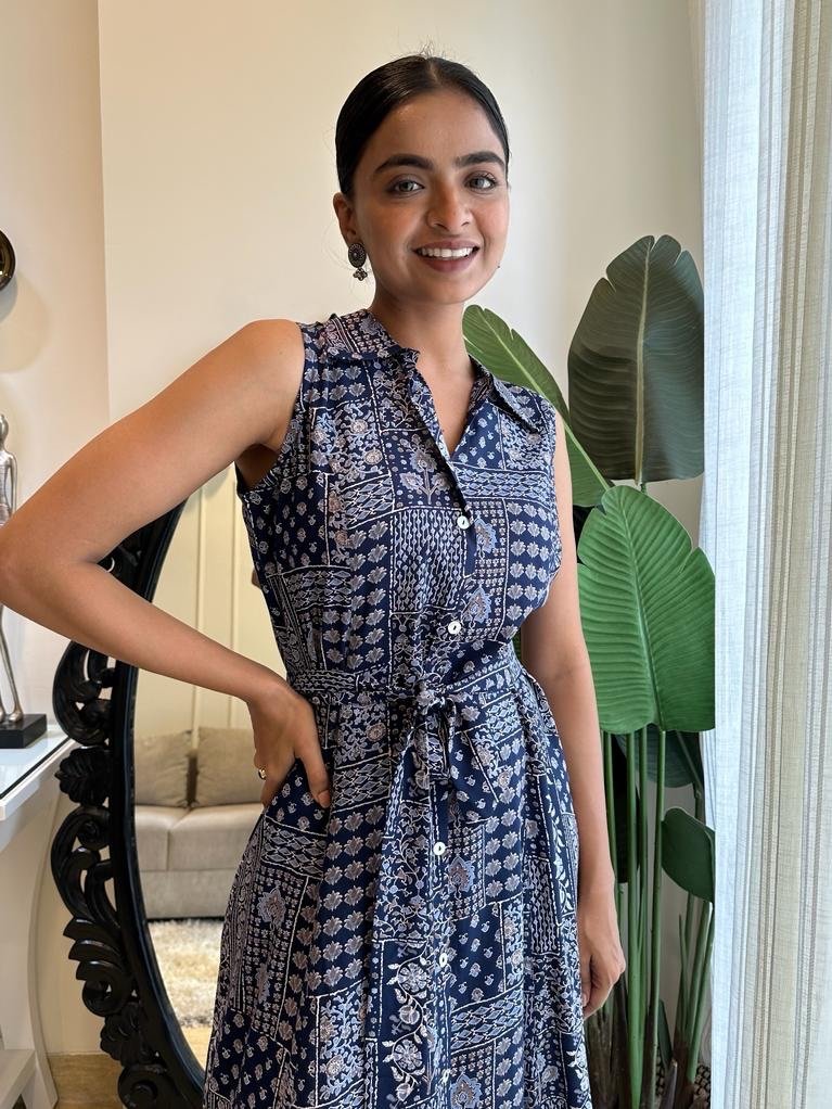 Navy Mix Dress With Pocket