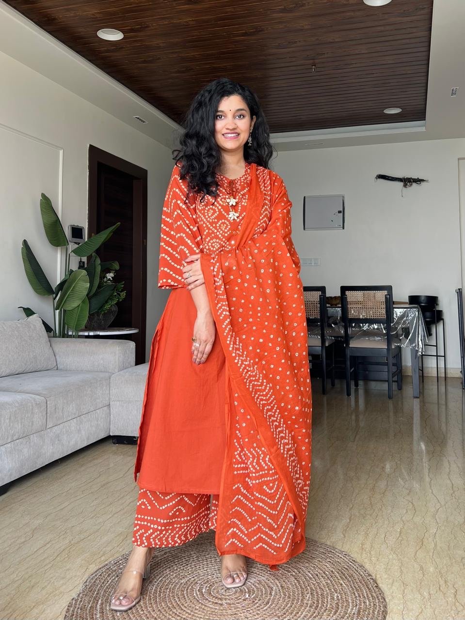 Meesha Bandhej Cotton Set- Orange