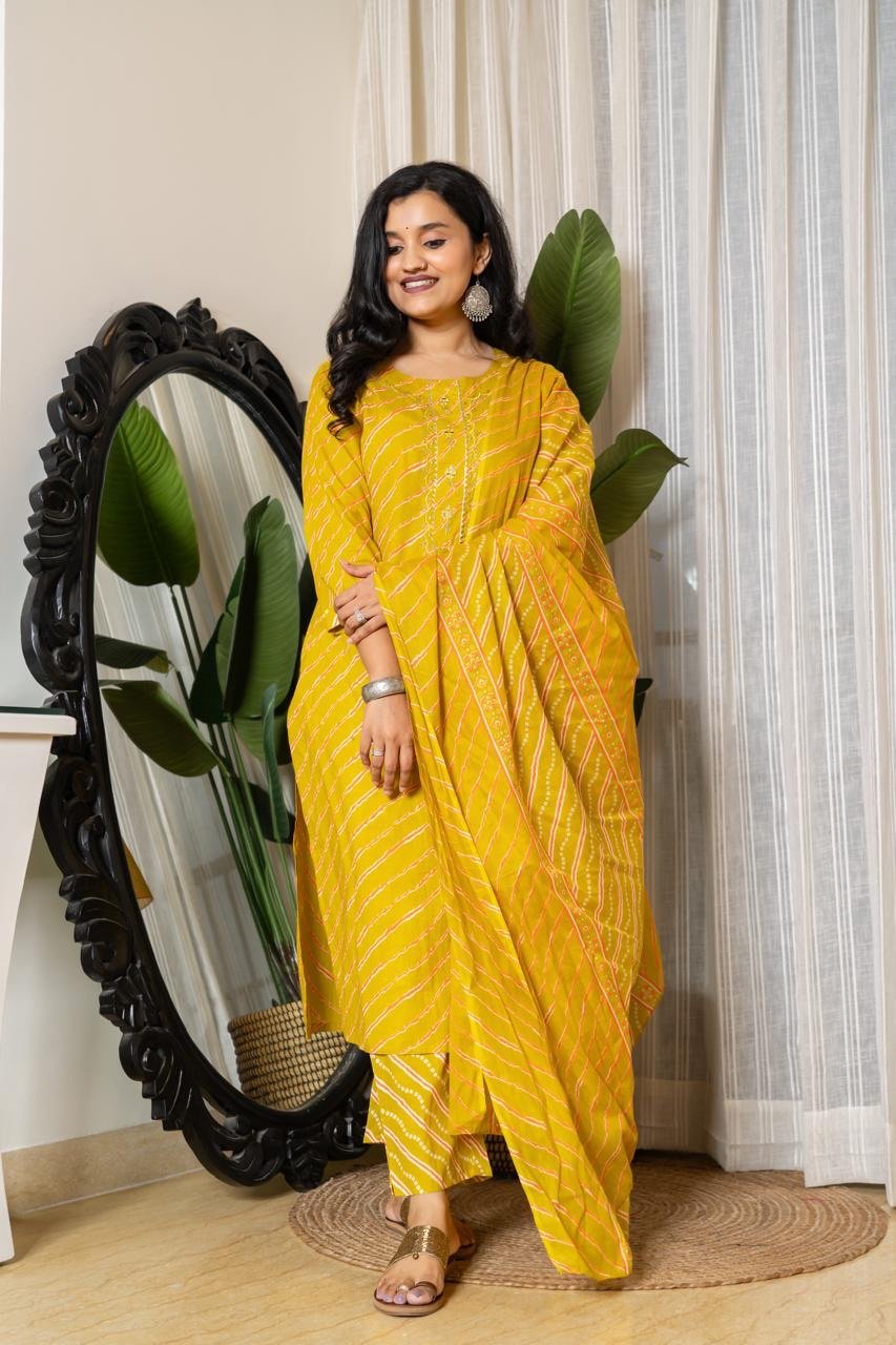 Budget Leheriya Cotton Suit- Yellow Ochre