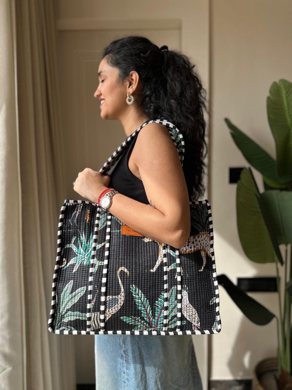 Quilted Tote Bag- Black Jungle